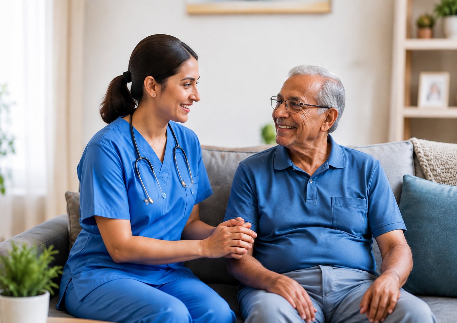 Caregiver assisting elderly man at home in J.P. Nagar, Bangalore